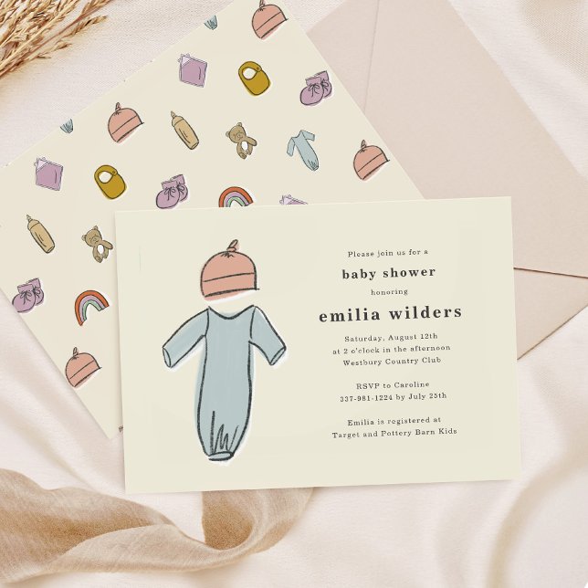 Convite Roupas recém-nascidas bonitas Chá de fraldas neutr (Cute Newborn Clothes Gender Neutral Baby Shower Invitation)