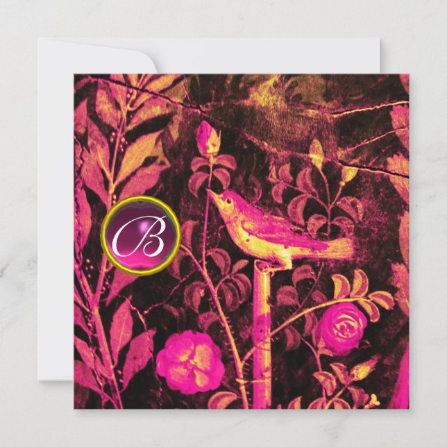 Convite ROUXINOL COM MONOGRAMA DE ROSAS, Rosa Preto Amarel (Frente)