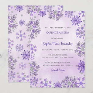 Convite roxa Quinceañera de Inverno com Glitter de Floco d