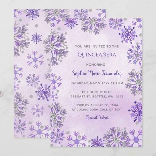 Convite roxa Quinceañera de Inverno com Glitter de Floco d (Frente/Verso)