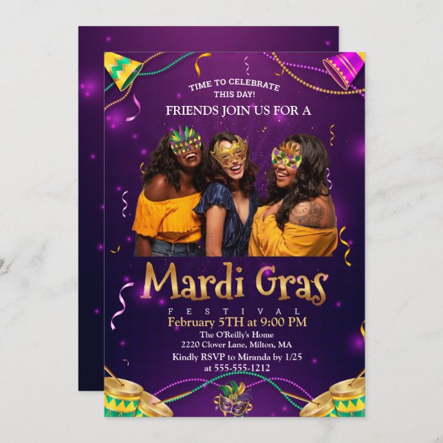 Convite Roxa | Teal Mascarada Mask Mardi Gras Party (Frente/Verso)