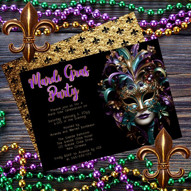 Convite Roxa | Teal Mascarada Mask Mardi Gras Party (Purple and Teal Masquerade Mask Mardi Gras Party Invitation)