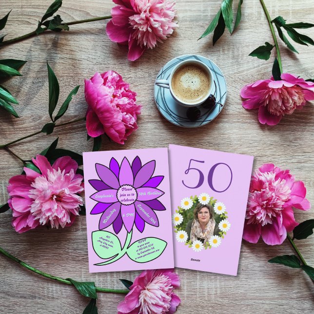 Convite Roxo 50º Aniversário Simples Roxo Girassol (Criador carregado)