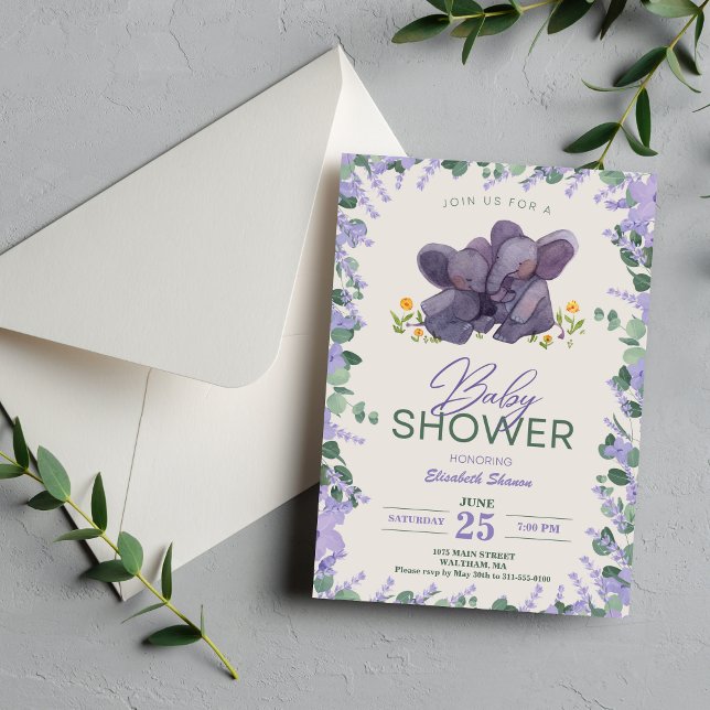 Convite Roxo Adorável e Elefante Floral Verde (Adorable Purple & Green Floral Elephant Baby Showe Invitation)
