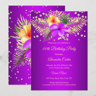 Convite Roxo Amarelo dourado palmeira floral Aniversário