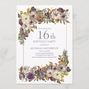 Convite Roxo Amarelo Marfim Floral Folhagem 16º Aniversári