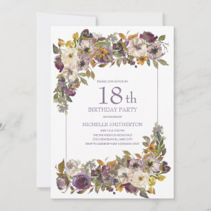 Convite Roxo Amarelo Marfim Floral Folhagem 18º Aniversári