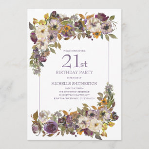 Convite Roxo Amarelo Marfim Folhagem Floral Aniversário de