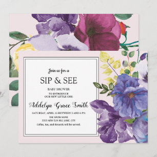 Convite Roxo Amarelo Rosa Floral Bebê Chá de Bebê