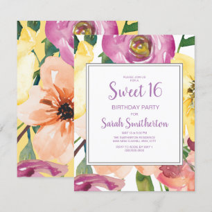 Convite Roxo Amarelo Rosa Floral Doce Aniversário de 16