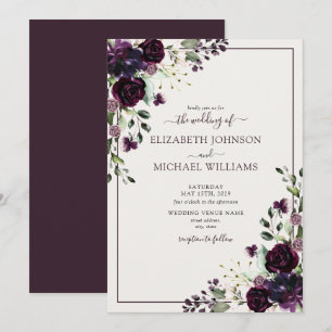 Convite Roxo Ameixa Creme Floral Aquarela Casamento de Out