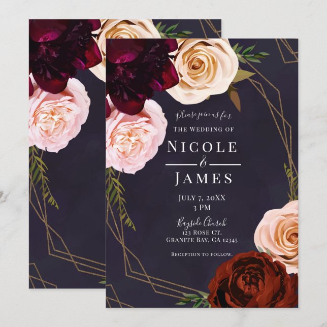 Convite Roxo Ameixa & Dourado Casamento Floral Rústico Mod (Frente/Verso)