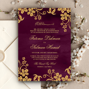 Convite Roxo Ameixa Dourado Floral Casamento Islâmico Muçu