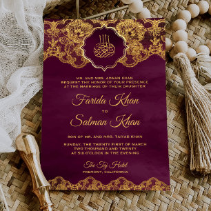 Convite Roxo Ameixa Dourado Folha Renda Casamento Islâmico