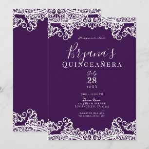 Convite Roxo Ameixa Dourado Laço Festa de Quinceañera Eleg