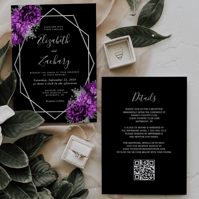 Convite Roxo Ameixa Prata Floral Código QR Preto Casamento (Criador carregado)