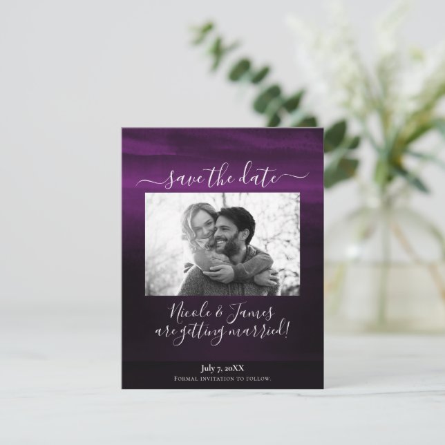 Convite Roxo Ameixa Temperamental Moderno Aquarela Salvar  (Em pé/Frente)