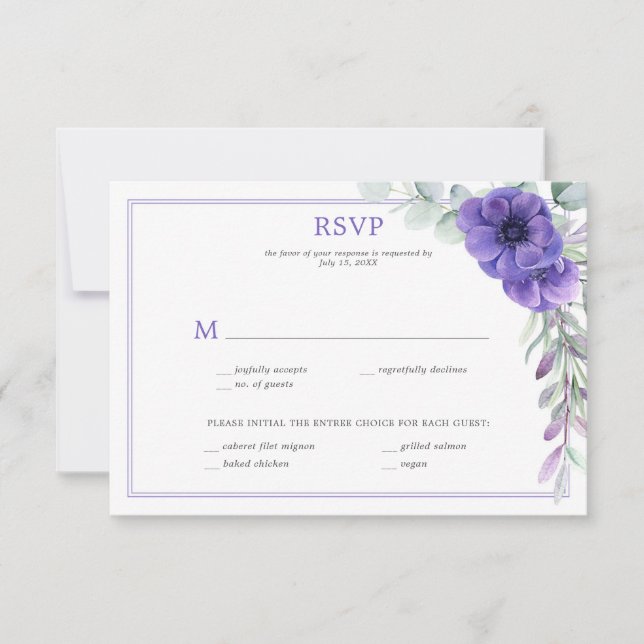 Convite Roxo Anêmona Folhagem Quadro Duplo RSVP (Frente)