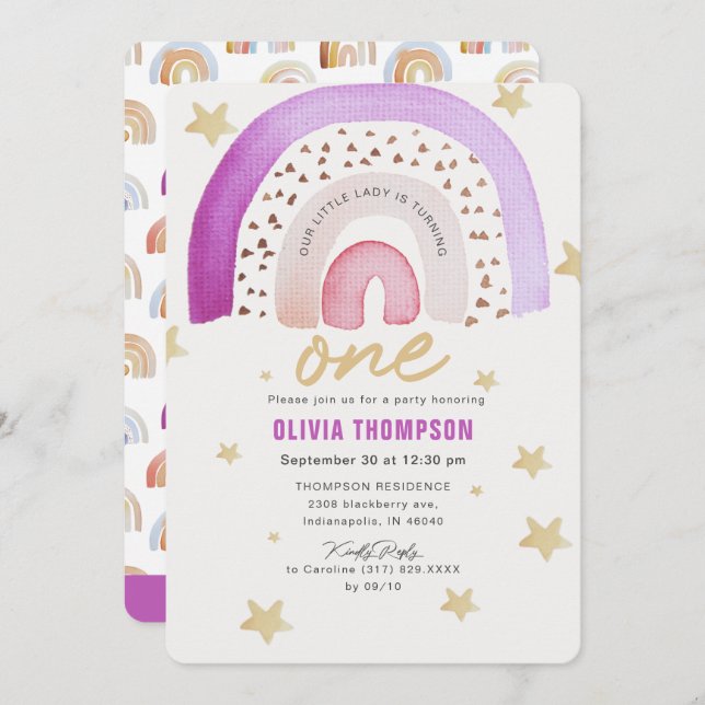 Convite Roxo Arco-Íris Estrelas Primeira Festa de aniversá (Frente/Verso)