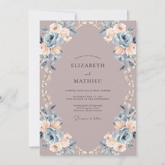 Convite Roxo Azul Aquarela Botânica Casamento (Frente)