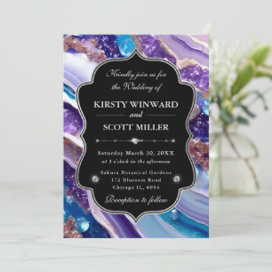 Convite Roxo Azul Brilho Mármore Casamento Elegante