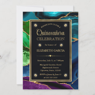 Convite Roxo, Azul e Verde Brilho Ágata Quinceanera