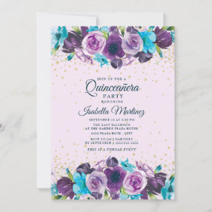 Convite Roxo Azul Floral Dourado Brilho Quinceañera
