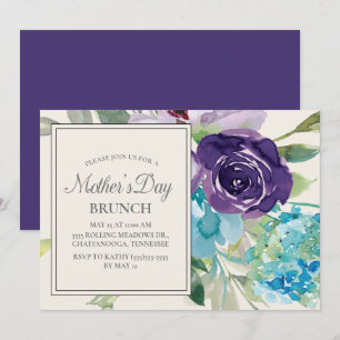 Convite Roxo Azul Floral em Aquarela no Dia das Mães