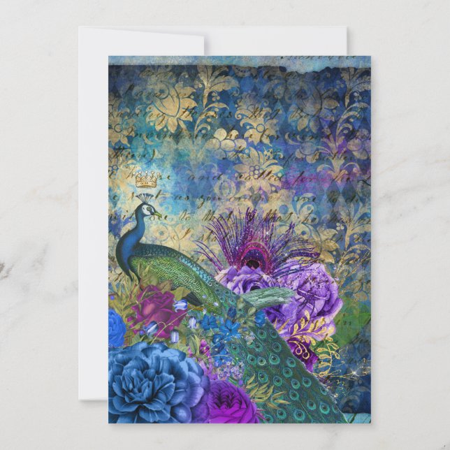 Convite Roxo Azul Pavão Casamento Abstrato Dourado  (Verso)