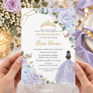 Convite Roxo Azul Poeira Floral Quinceañera XV