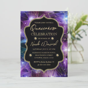 Convite Roxo & Azul Quinceanera Cristal Galaxy Meia-Noite