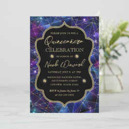 Convite Roxo & Azul Quinceanera da Galáxia de Cristal da M