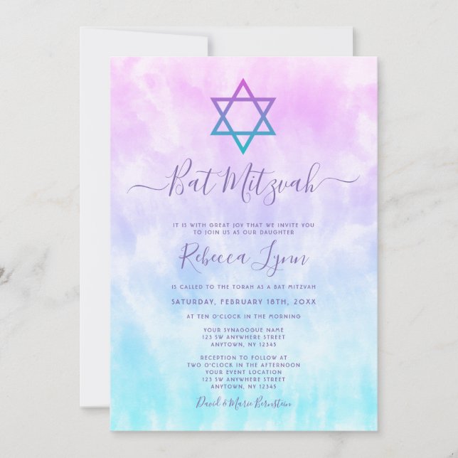 Convite Roxo Azul Turquesa Bat Mitzvah Tie Dye (Frente)