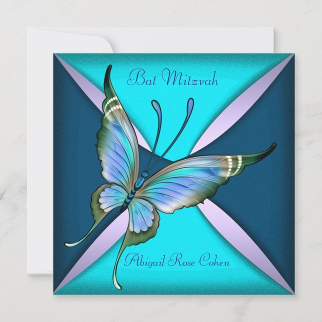 Convite Roxo Azul Turquesa Borboleta Bat Mitzvah (Frente)
