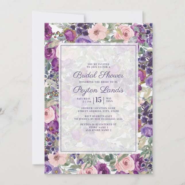 Convite Roxo Bege Flora Salvia Verde Folhas Noiva (Frente)