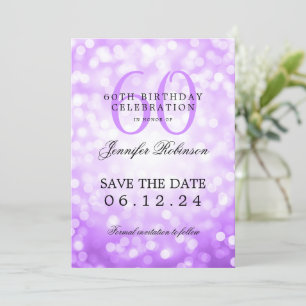 Convite Roxo Bokeh 60th Birthday Guarde a Data