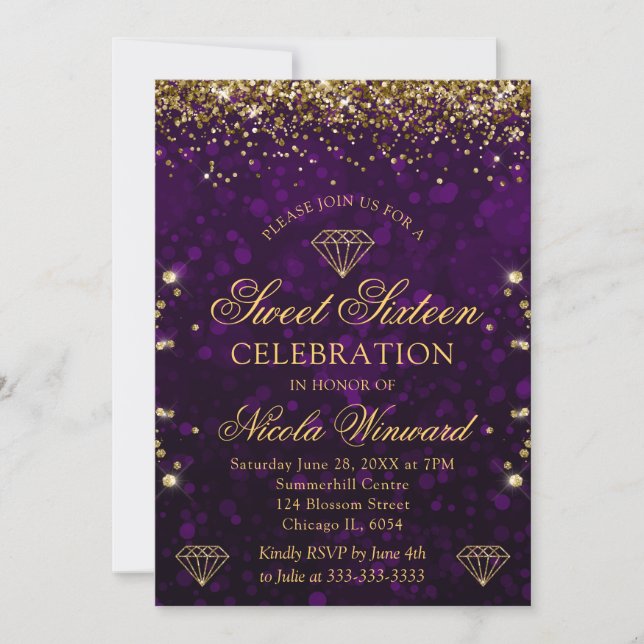 Convite Roxo Bokeh & Brilho Dourado Sweet 16 (Frente)