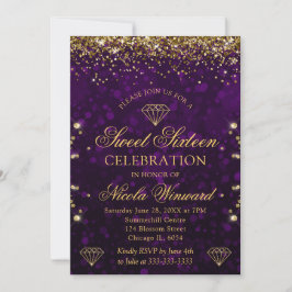 Convite Roxo Bokeh & Brilho Dourado Sweet 16