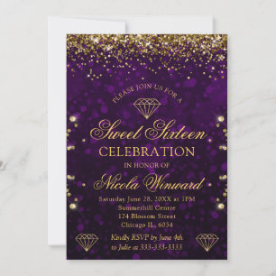 Convite Roxo Bokeh & Brilho Dourado Sweet 16
