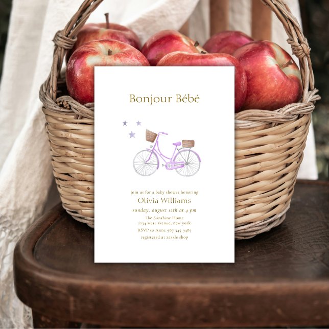 Convite Roxo Bonjour Bébé Star Bicicleta Chá de Bebê (Purple Bonjour Bébé Star Bicycle Baby shower Invitation)