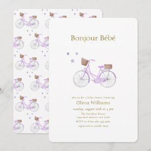 Convite Roxo Bonjour Bébé Star Bicicleta Chá de Bebê