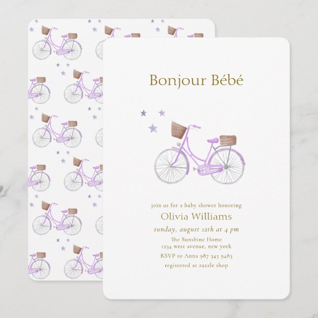 Convite Roxo Bonjour Bébé Star Bicicleta Chá de Bebê (Frente/Verso)