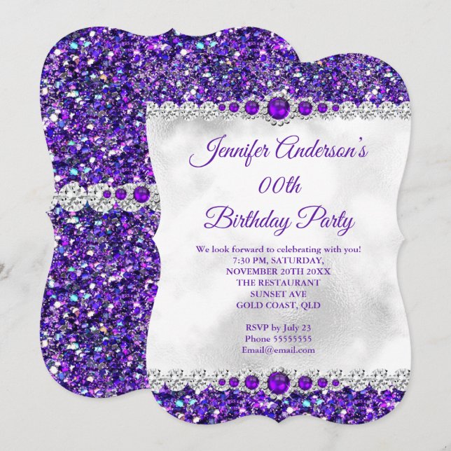 Convite Roxo Branco Brilho Pérola Diamante Festa de Aniver (Frente/Verso)