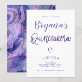 Convite Roxo Branco Dourado Mármore Chic Glam 15 Quinceañe