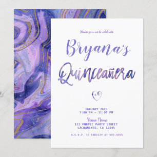 Convite Roxo Branco Dourado Mármore Chic Glam 15 Quinceañe