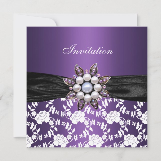 Convite Roxo Branco Jóia Floral Elegante Clássico  (Frente)
