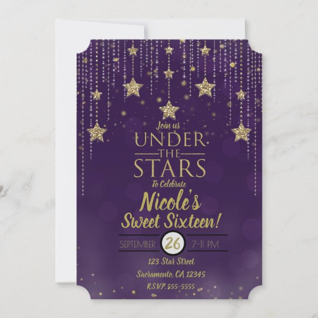 Convite Roxo & Bronze Sob As Estrelas Estrelado Sweet 16 (Frente)
