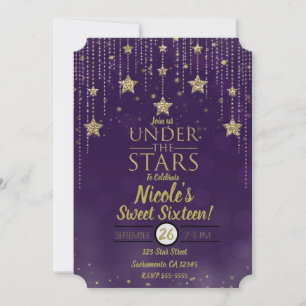 Convite Roxo & Bronze Sob As Estrelas Festa Sweet 16 Estre