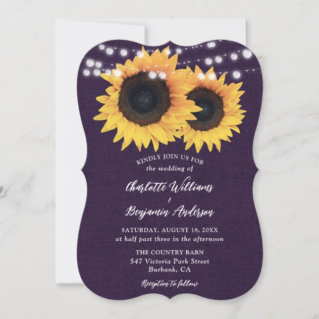 Convite Roxo Burlap String Luz Sunflower Weding (Frente)