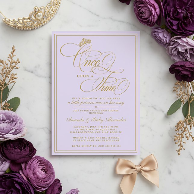 Convite Roxo Chá de Bebê da Princesa Era Uma Vez (Purple and Gold Princess Baby Shower Invitation | Once Upon a Time Baby Shower Invite)